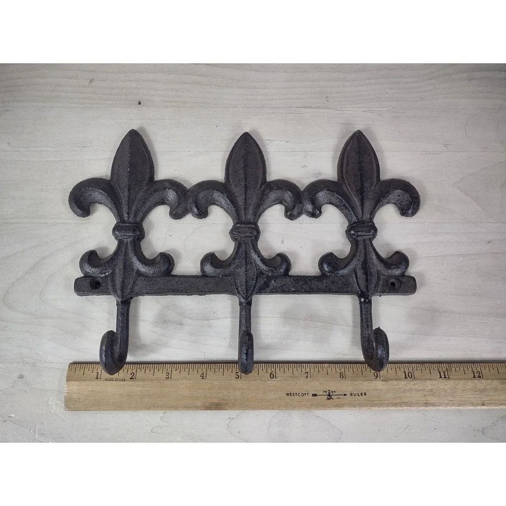 Fleur De Lis Scroll Triple Wall Hook Coat Rack Key Towel Brown Cast Iron